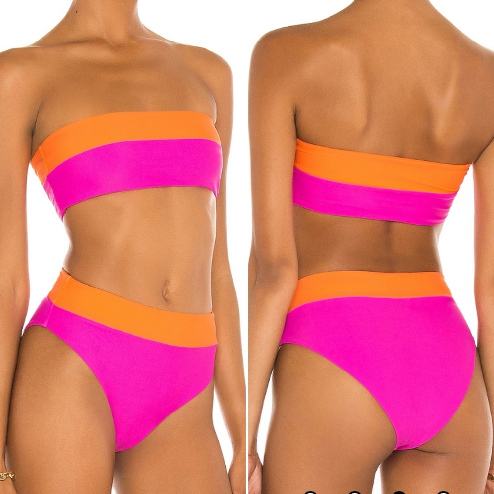 LPA Foster Bandeau Bikini Top and High Waist Bikini Bottoms in Pink Orange Large